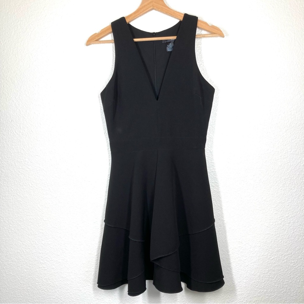 Aqua Women's Black Sleeve Less Mini Dress Small Deep V Neck Ruffled Skirt - Picture 3 of 14